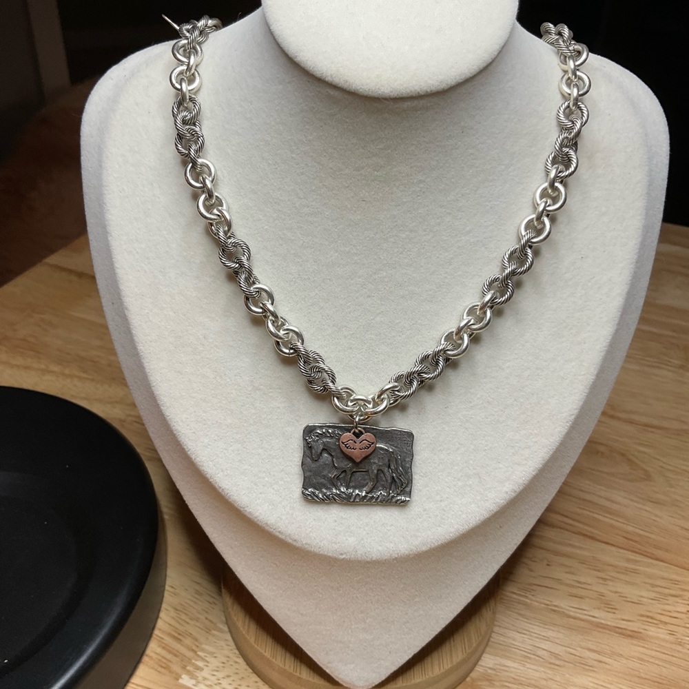 Antique Silver (Solid) Chain With Pewter Horse Ch… - image 2